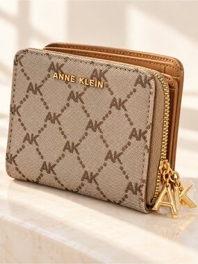 Anne Klein Monogram Zip Bifold Wallet Beige Taupe Gold AK Charm Quiet Luxury